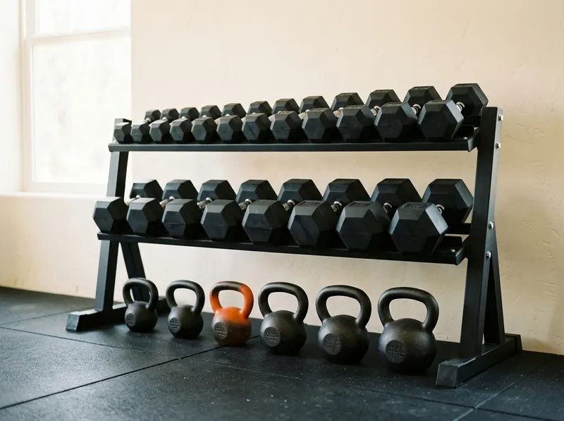 Kettlebells e halteres alinhados num suporte, num estúdio luminoso