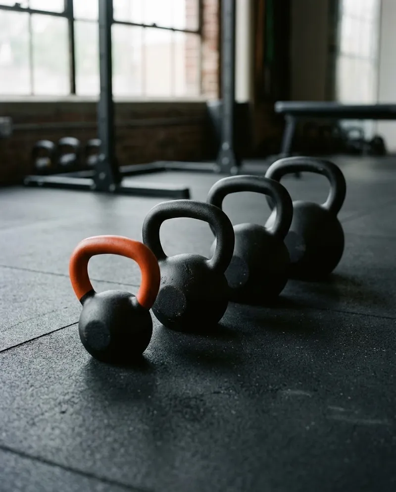 Uma fila de kettlebells no chão de borracha