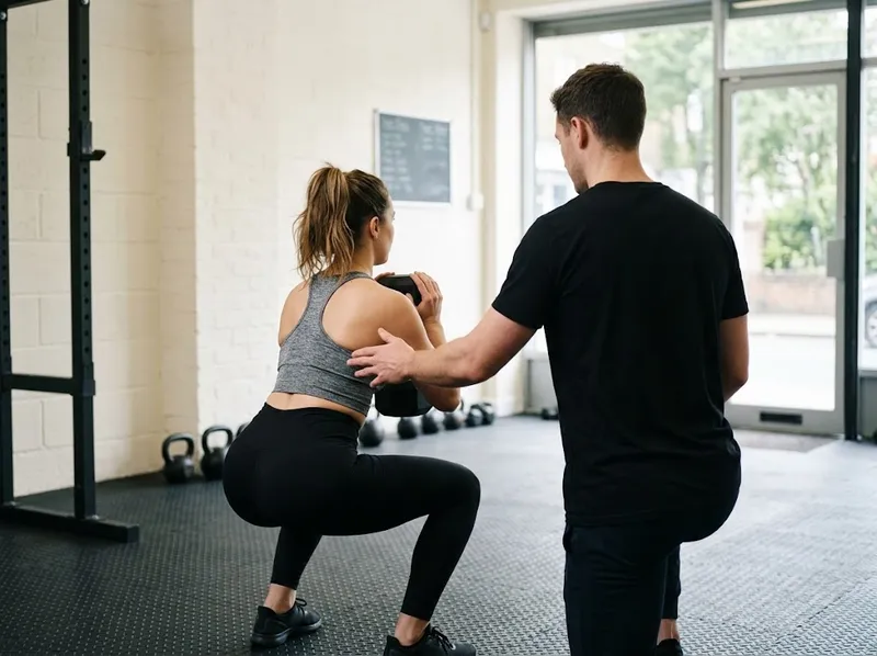 Um treinador a acompanhar uma cliente num exercício com halteres no estúdio